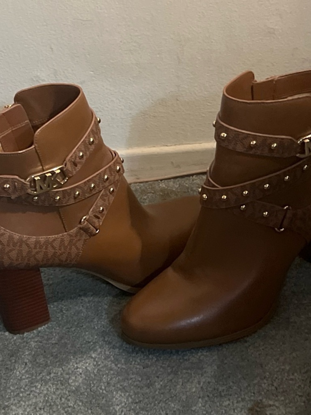Michael Kors Tan Brown Leather Studded Strap Ankle Boots